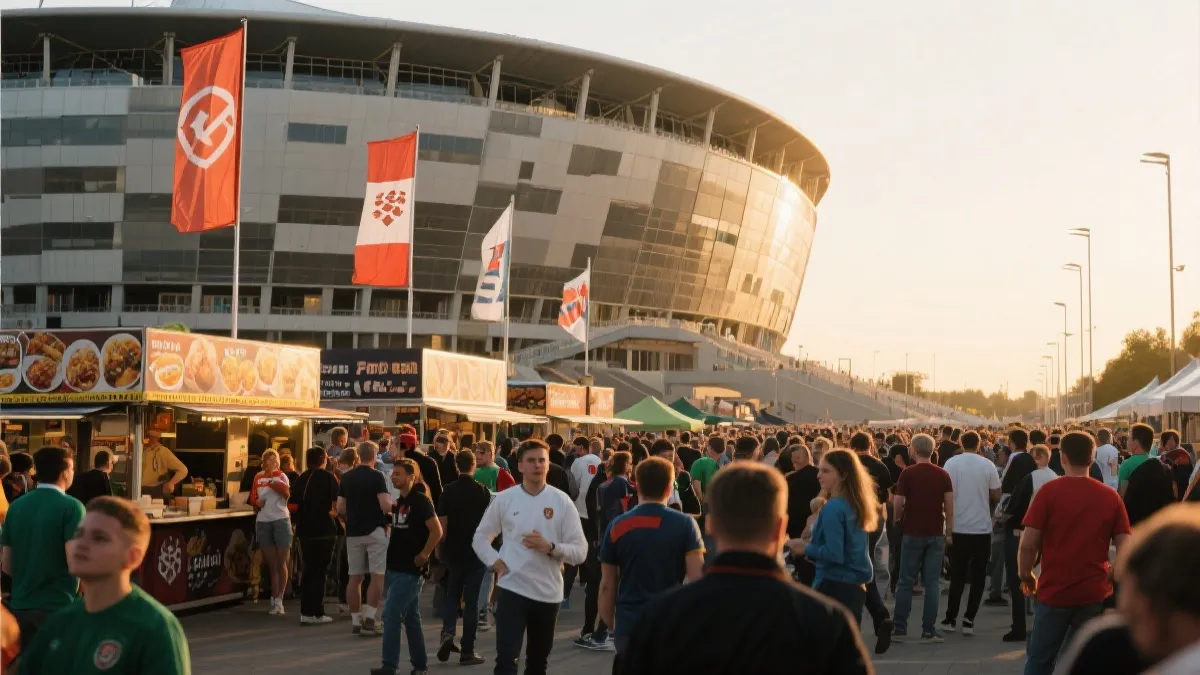 世界杯决赛日球场外的球迷队伍与美食摊位氛围